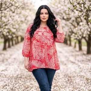 Lemon Way Womens 3X Red Orange Palm Leaf Print 3/4 Sleeve Zip Front Tunic Top